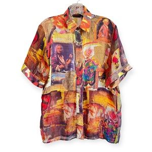 Vintage Jerri Sherman Collection Silk Artsy Music Piano Violin Inspired Shirt G1